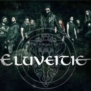 Photo of Eluveitie band members with logo superimposed